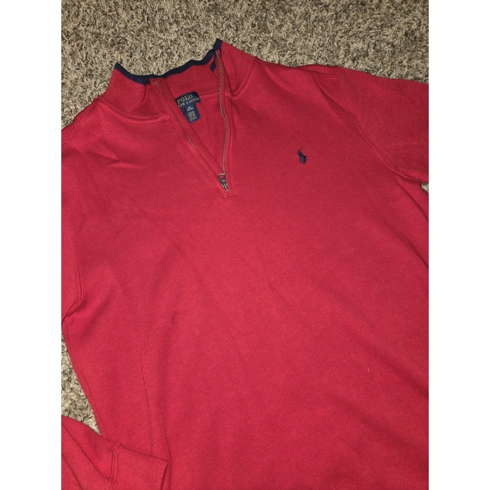 Polo Ralph Lauren Sweater Mens XL Red Quarter Zip Pullover 100% Cotton Navy Pony